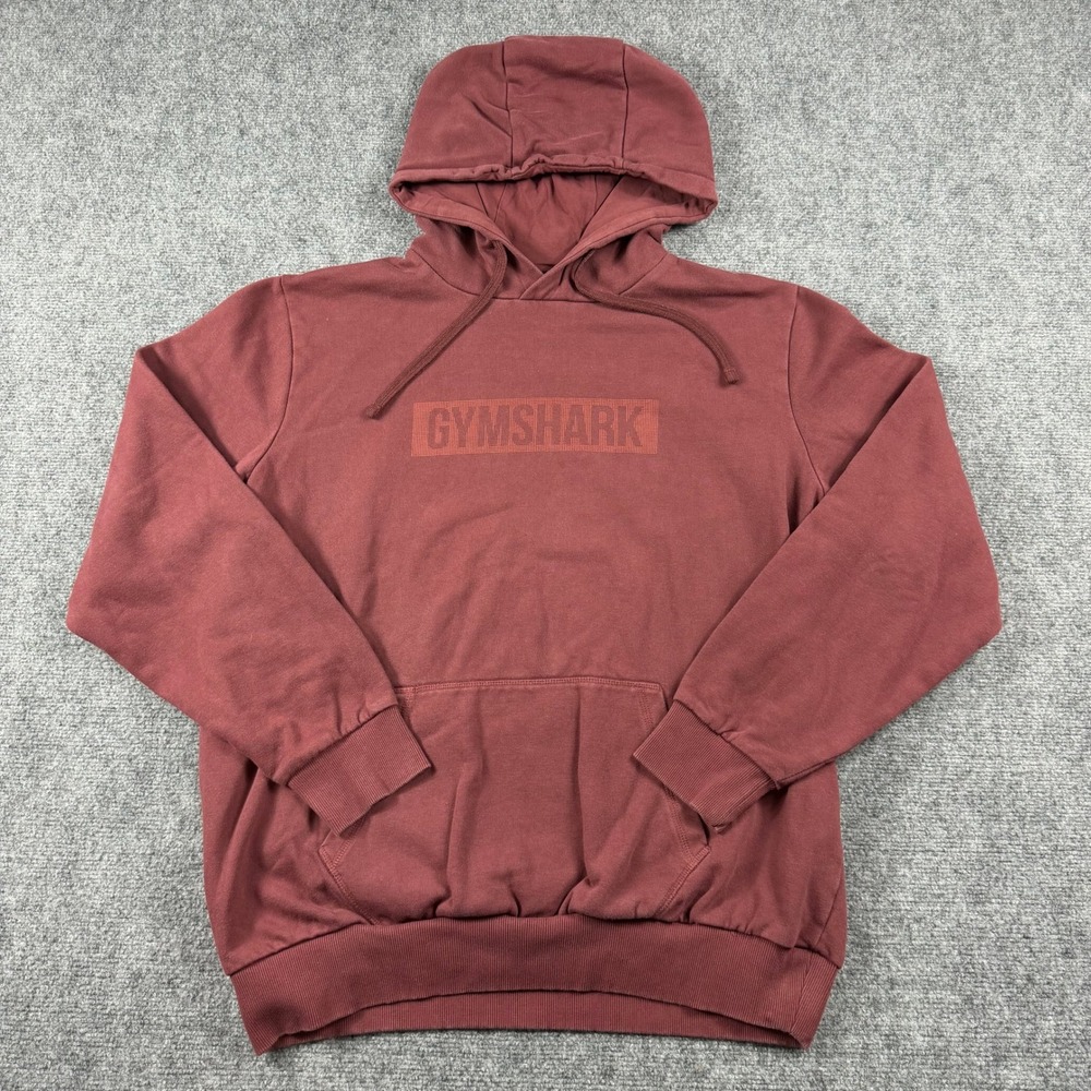 Gymshark Hoodie Mens XL Burgundy Maroon Box Logo Pullover Fleece Sweatshirt